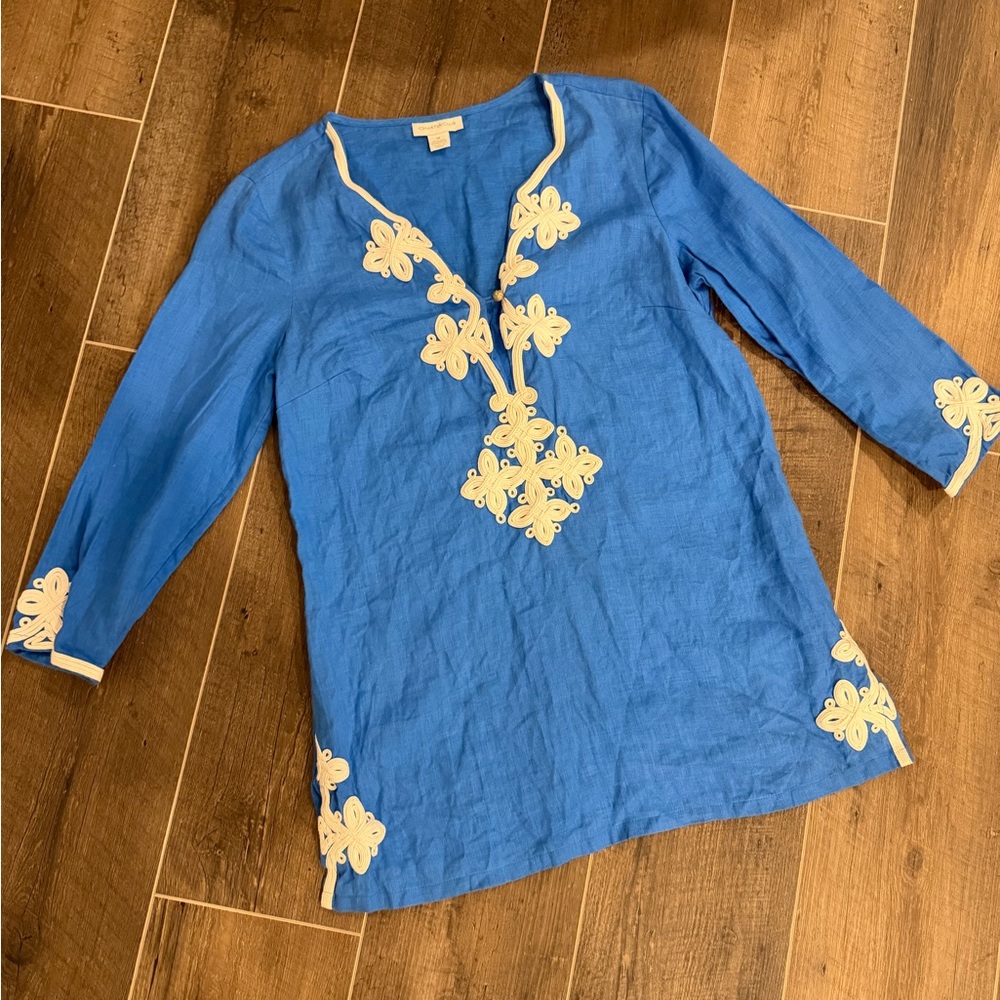 Charter Club Blue Tunic with Cream Embroidery
